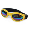 Yellow durable pet sunglasses with black strap and iridescent lenses