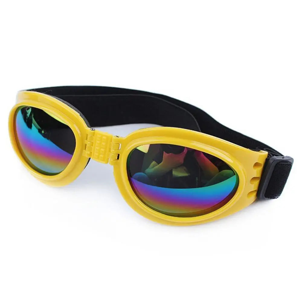 Yellow durable pet sunglasses with black strap and iridescent lenses