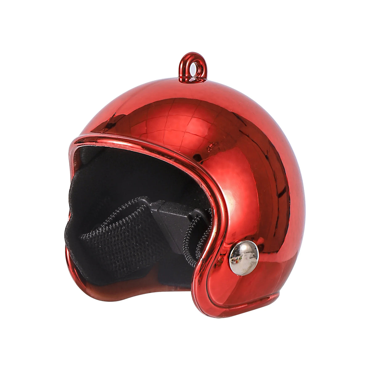 A shiny copper-colored adjustable bird safety helmet with a black interior and a silver buckle.