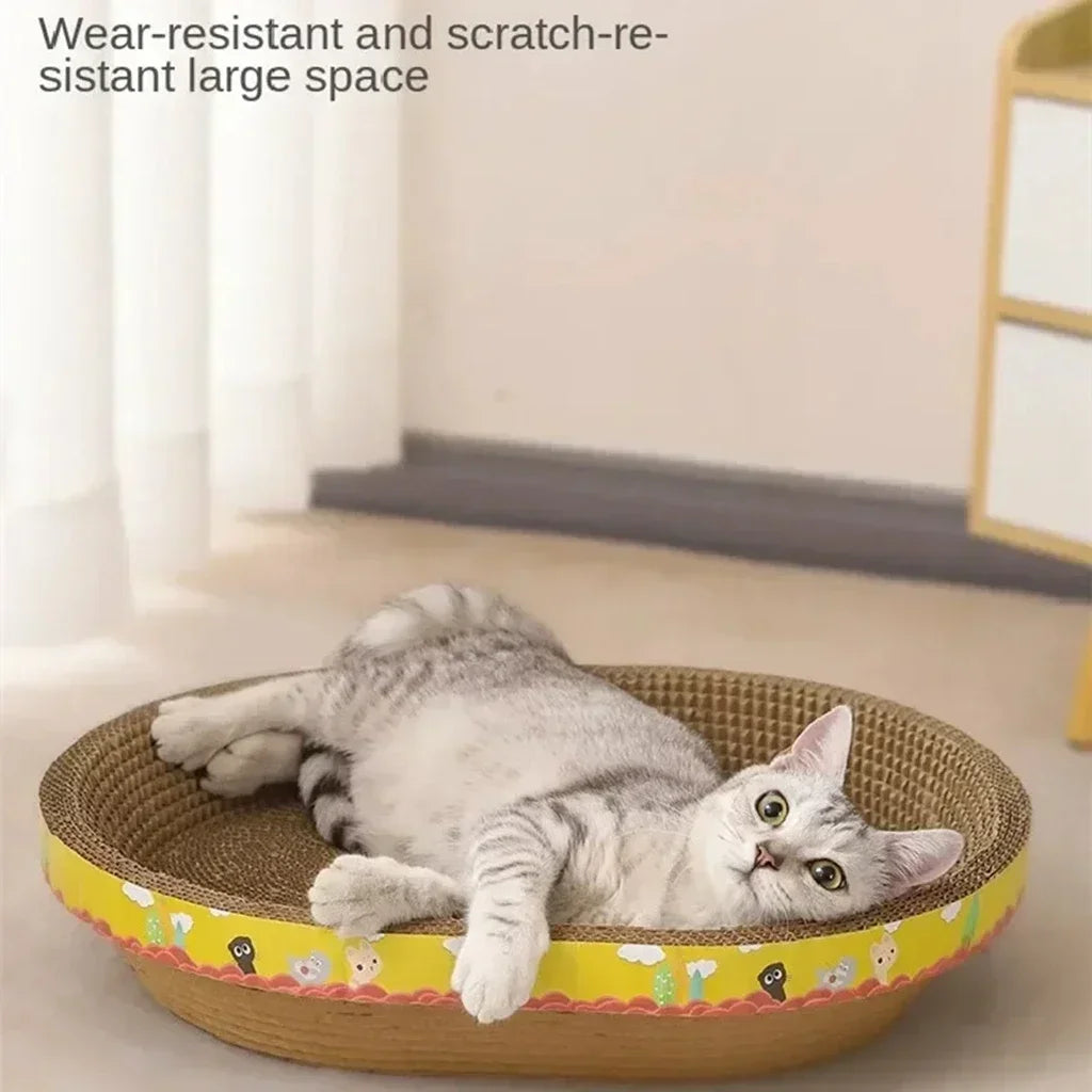 A white cat is relaxing in a round, woven scratching post designed for furniture protection.