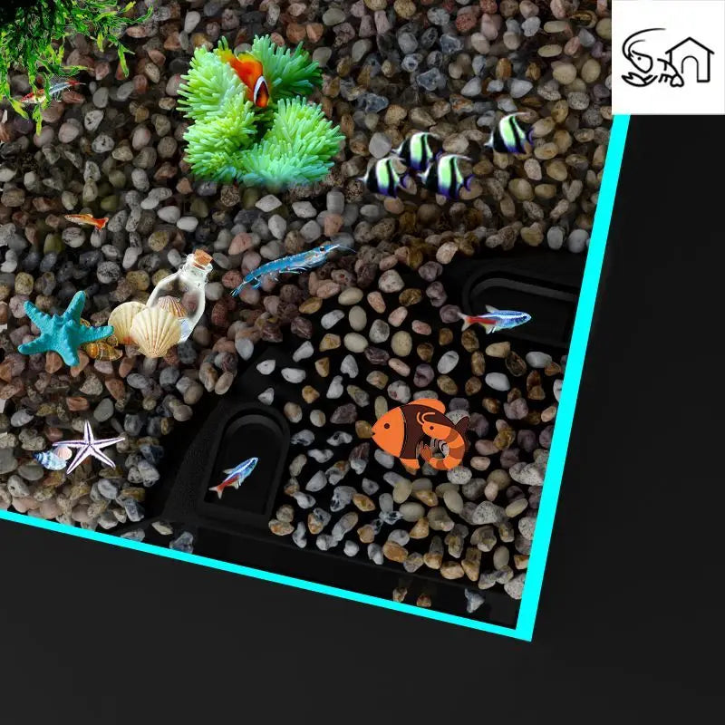 An aquarium corner tunnel hideout featuring various fish and shrimp in a rocky substrate.