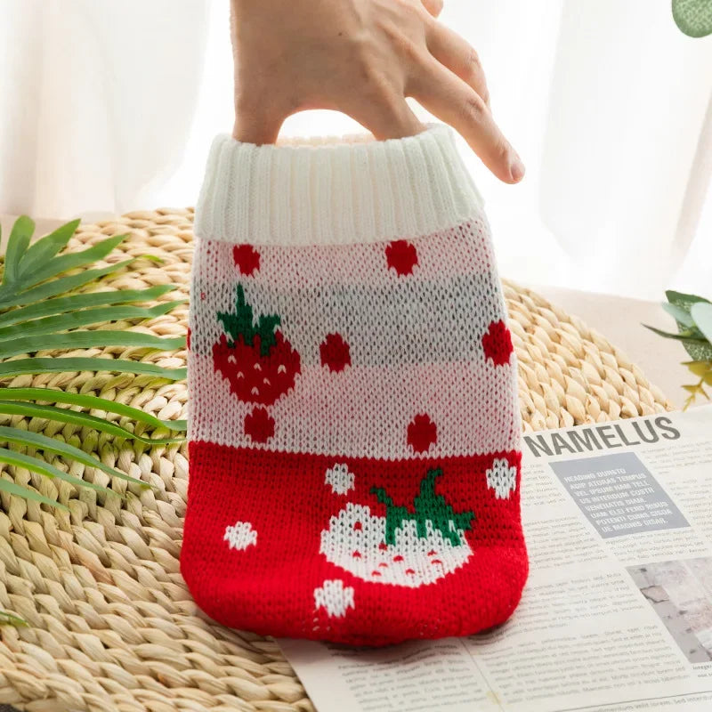 A knitted red dog sweater featuring a white pattern of strawberries and green leaves, being held by a hand.