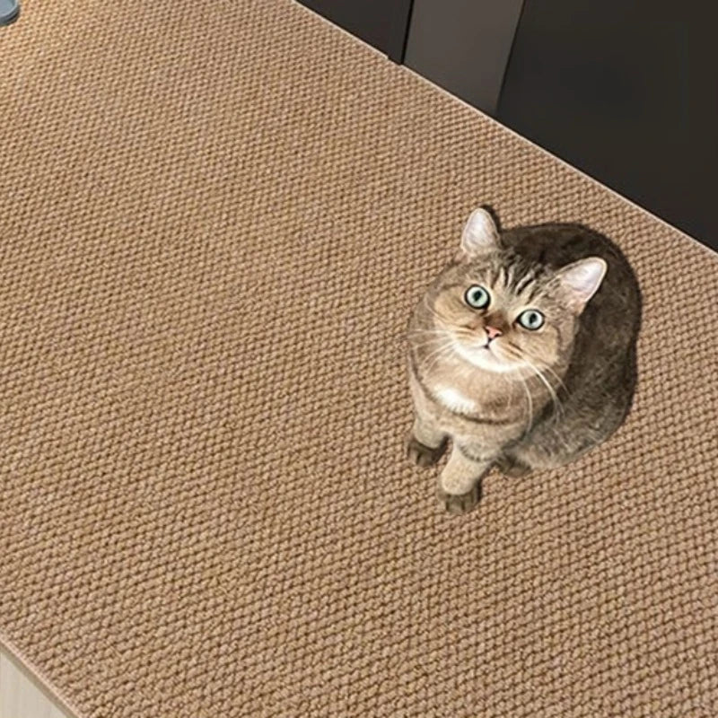 A fluffy gray tabby cat is lying on a beige sisal scratching mat.