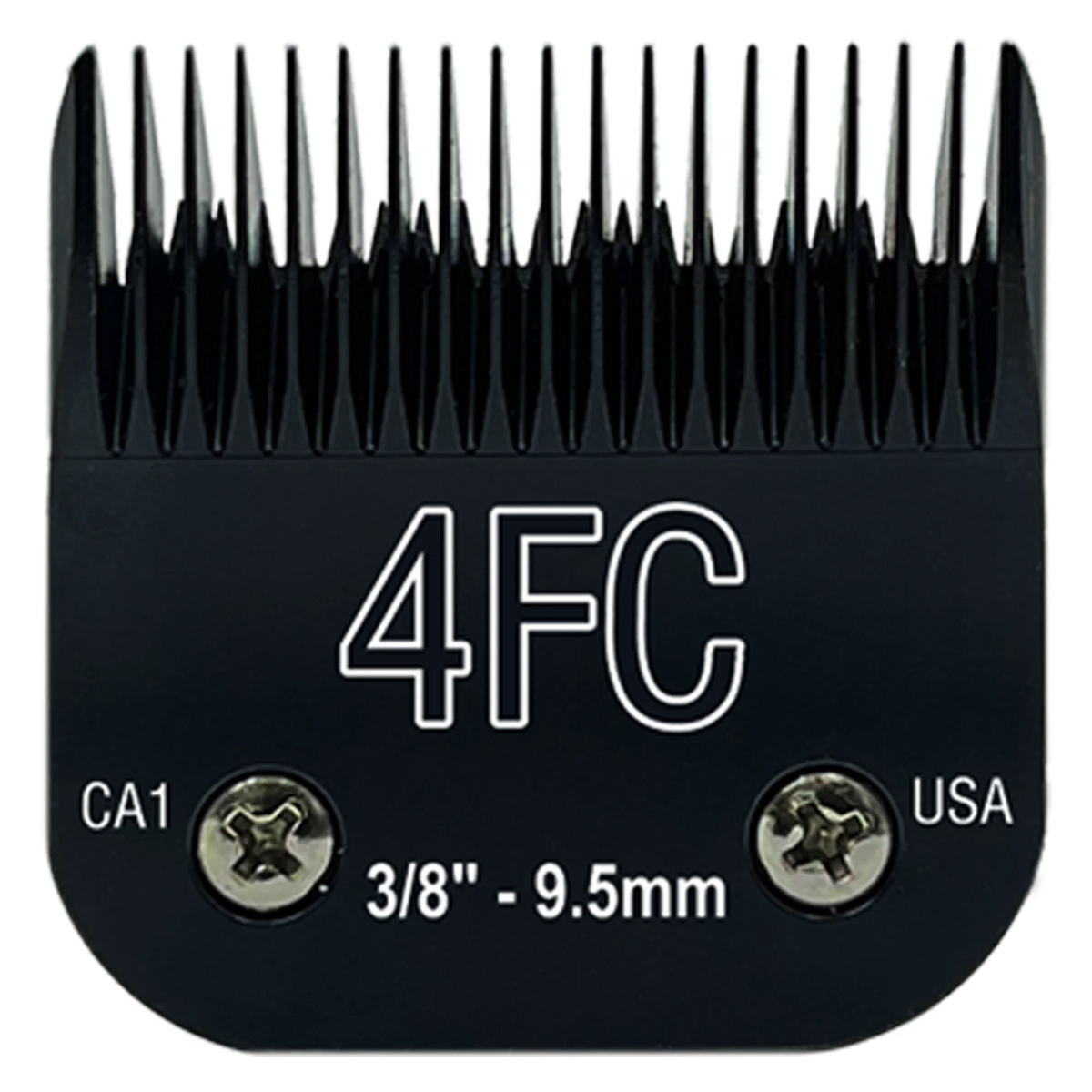 A close-up view of a black professional detachable dog clipper blade with the model number 4FC and size specification 3/8" - 