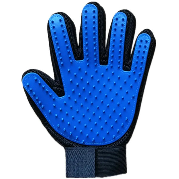 A bright blue pet grooming glove with a textured surface and black cuff.