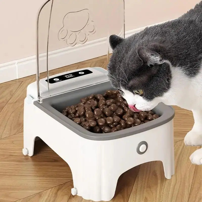 A gray and white cat is feeding from a smart sensor pet feeder designed for timed dispensing.