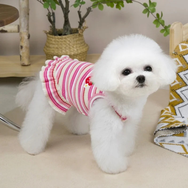 Summer Suspender Dog Dress - Striped Strawberry Print