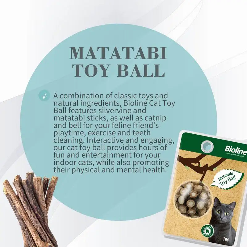 A Matatabi Toy Ball featuring silvervine, catnip sticks, and bell for feline entertainment and dental cleaning.