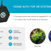Schwarzes FZONE Auto-Top-Off-System mit doppelten optischen Sensoren und Controller, gezeigt neben Bildern von Frisch- und Ri