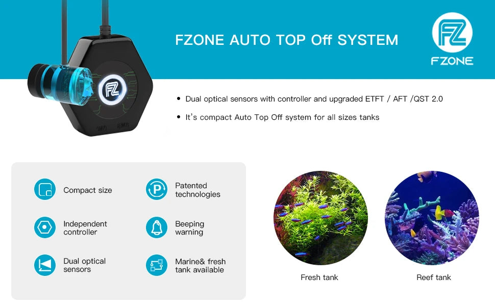 Schwarzes FZONE Auto-Top-Off-System mit doppelten optischen Sensoren und Controller, gezeigt neben Bildern von Frisch- und Ri