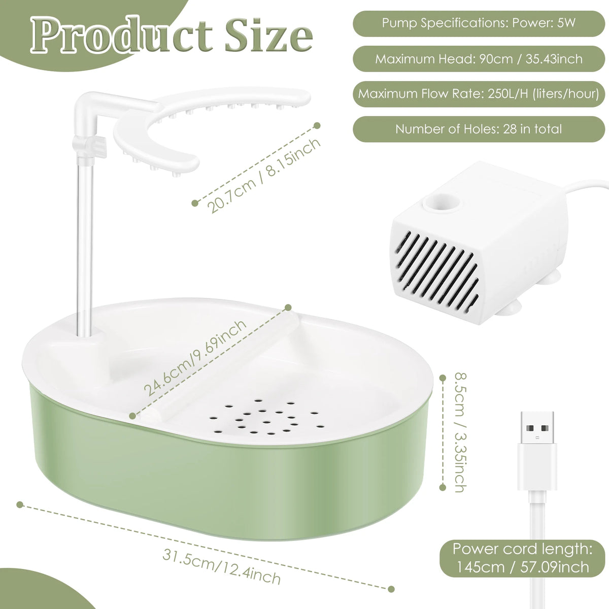 A white USB electric bird bath with a circulating water pump and various dimensions shown.