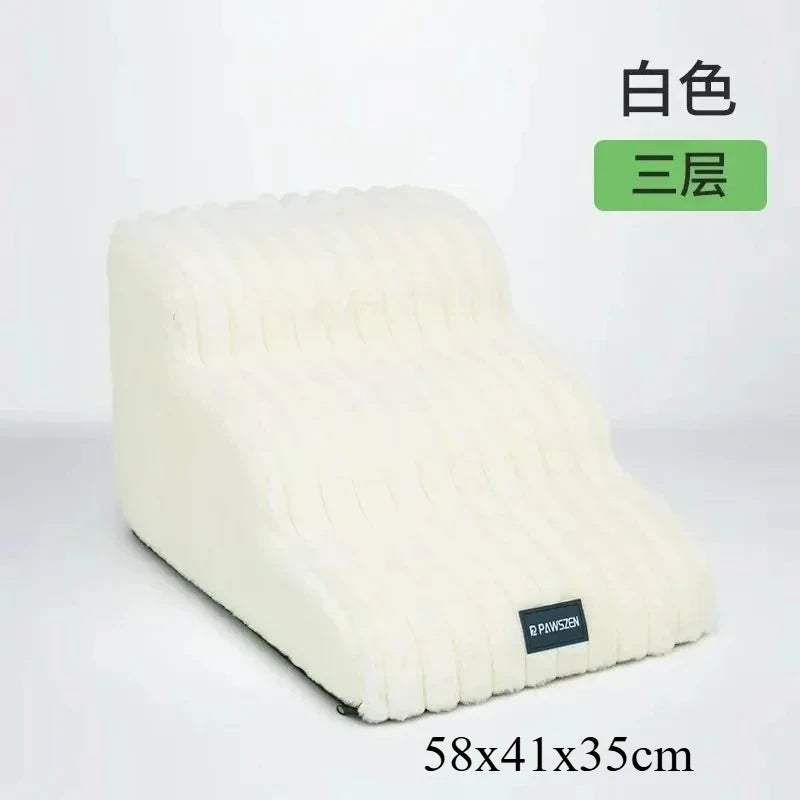White pet safety ladder for dogs and cats used as a step aid for beds and sofas