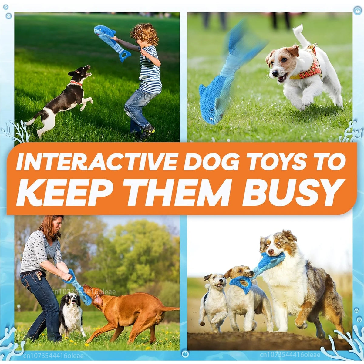 A collage showing dogs playing with interactive dog toys like a blue shark toy and a plush chew toy.