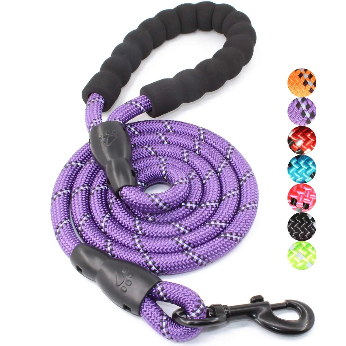 A purple reflective nylon dog leash coiled and attached to a black clip.
