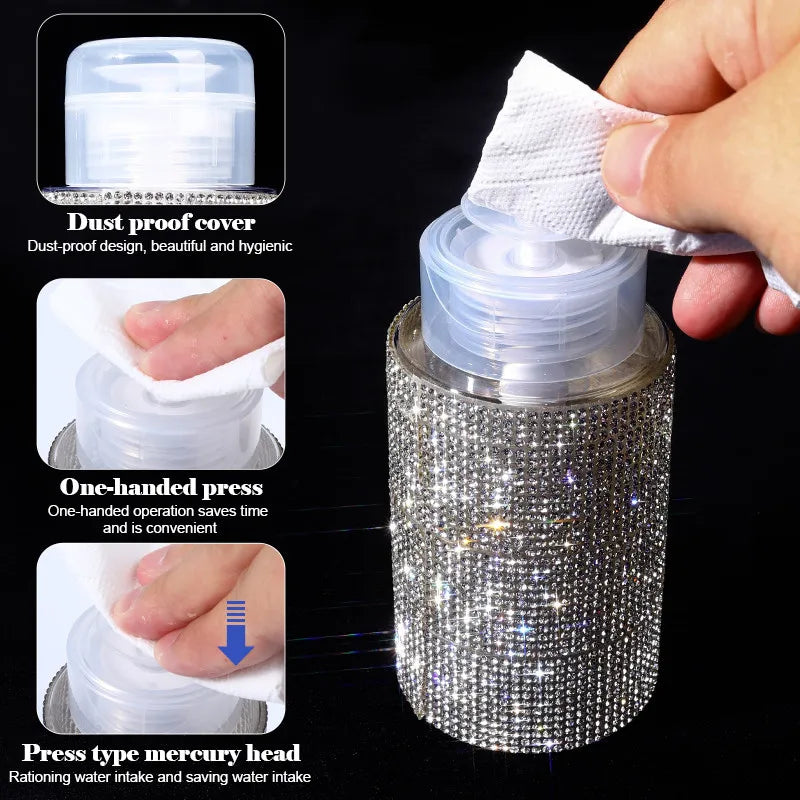 A refillable diamond design pump bottle for nail polish remover and makeup showing its features like a dust-proof cover and o