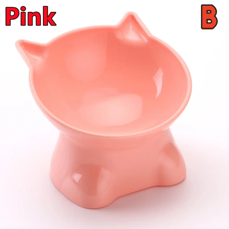 A pink ergonomic elevated pet bowl with storage for cats and dogs.