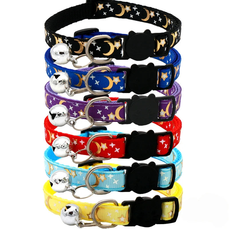 Adjustable pet collar with a bell necklace featuring various colors and star designs.