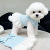 Un cachorro blanco esponjoso vistiendo un vestido polo azul claro a rayas y ribetes de encaje blanco.