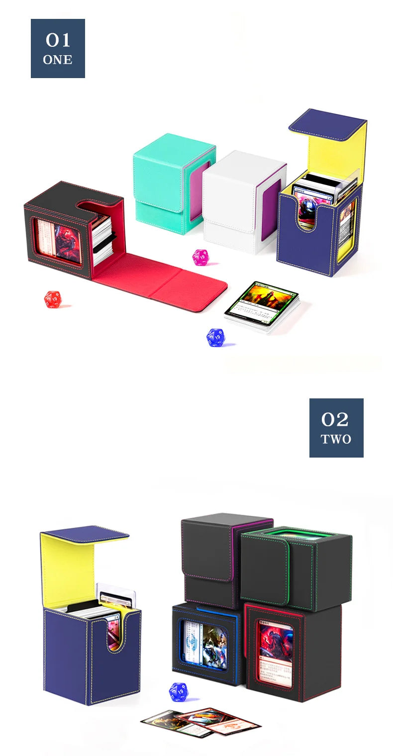 A set of magnetic card deck boxes in various colors and sizes, including a black box with a red display window.