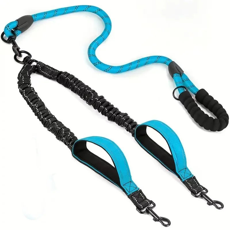 A reflective dual dog leash featuring two bright blue traffic handles and black nylon straps.