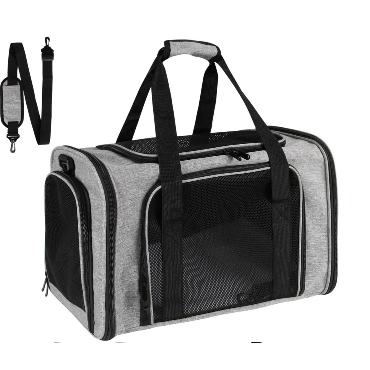 A gray soft-sided pet carrier for cats and small dogs with black handles and mesh window.