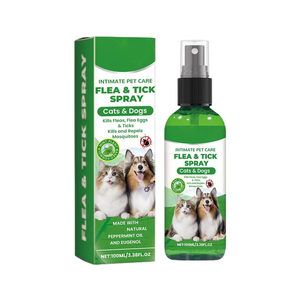 Green spray bottle of intimate pet care flea & tick spray for cats and dogs
