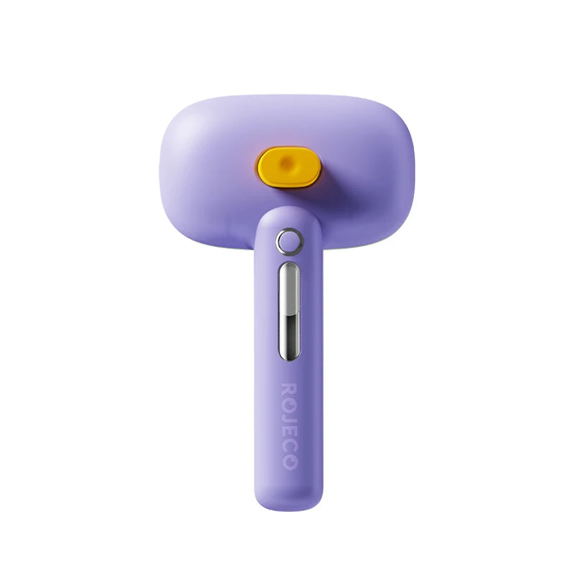A purple steam spray pet grooming brush with an orange nozzle and silver handle.