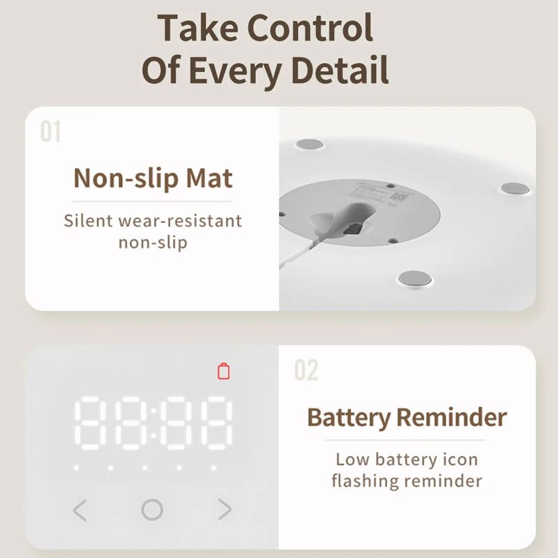 Récipient automatique pour animaux blanc, avec tapis antidérapant et affichage de rappel de batterie.