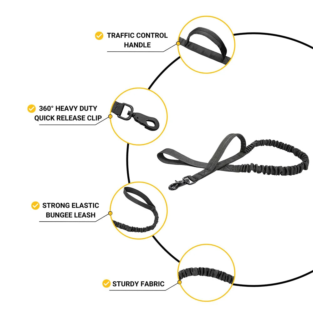 Tactical Dog Leash with Dual Handles and Shock-Absorbing Bungee