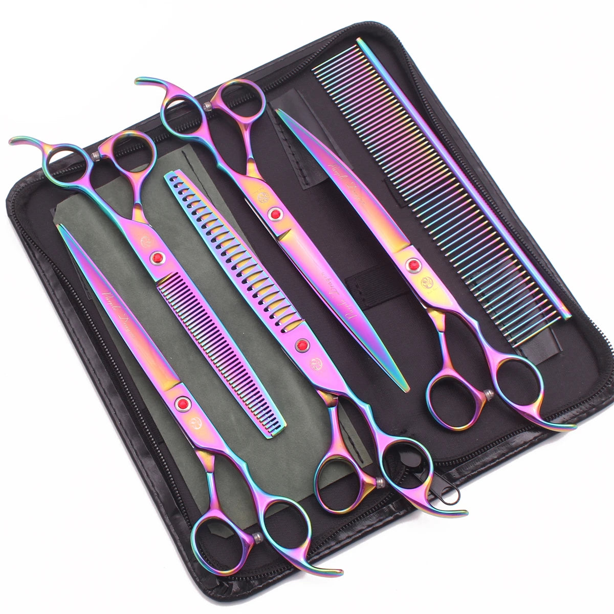 A set of professional stainless steel pet grooming scissors and a comb in a black case.