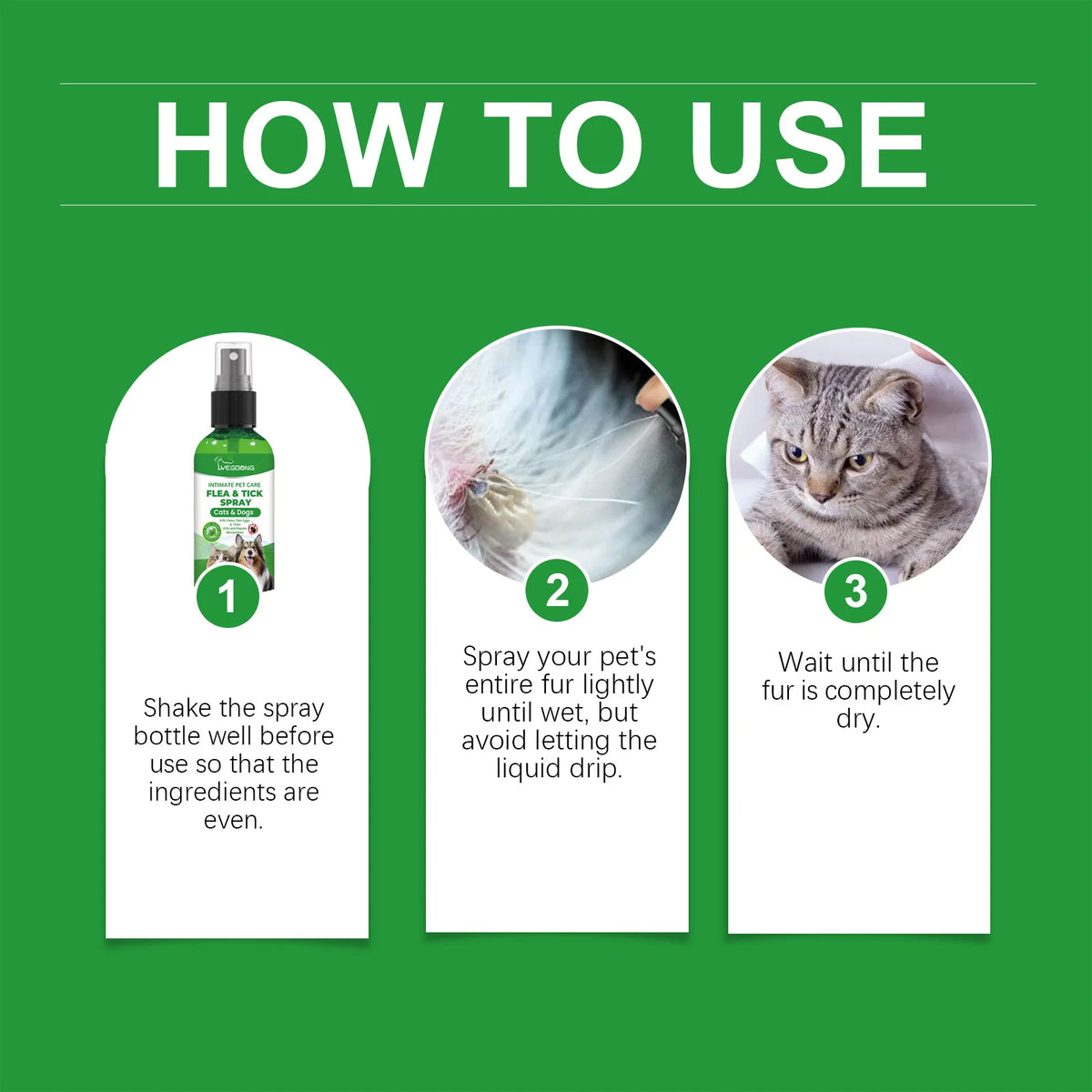 Instructional guide showing three steps to use natural flea and tick spray for pets.
