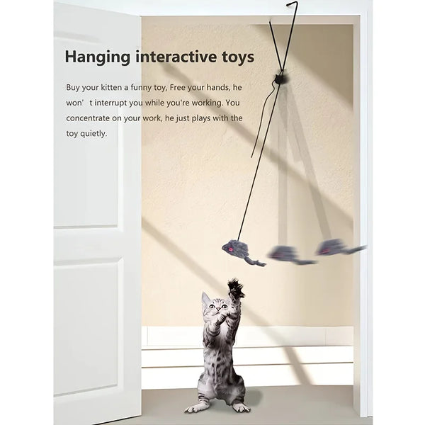 A cat is playing with a hanging interactive toy that features a mouse teaser, shown inside a doorway.