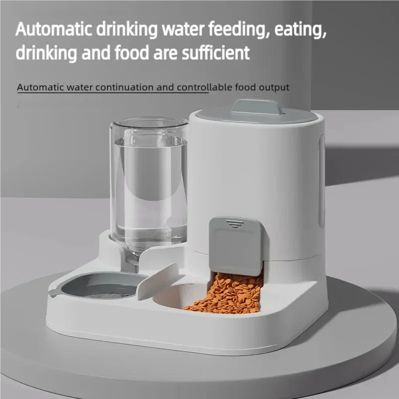 A white automatic water feeding dispenser for pets, showing a glass of water and food pellets.