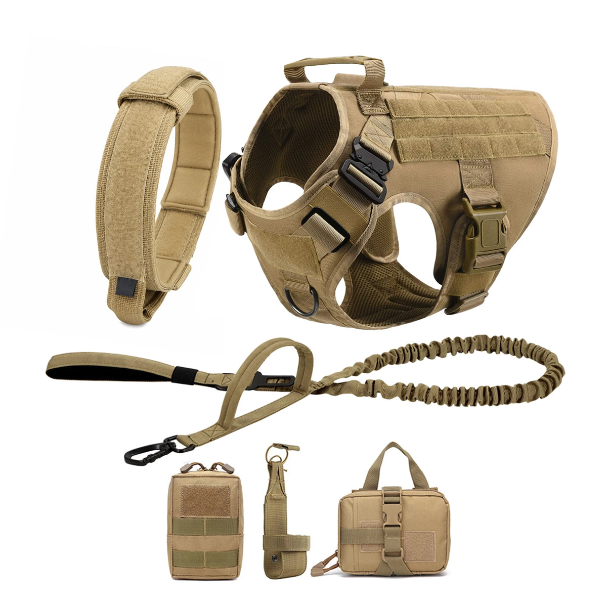 A tactical dog harness set featuring a collar, harness, and leash with MOLLE pouches for large breeds.