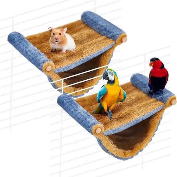 A cozy plush pet hammock featuring wooden supports and a brown fabric lining, with two birds resting inside.