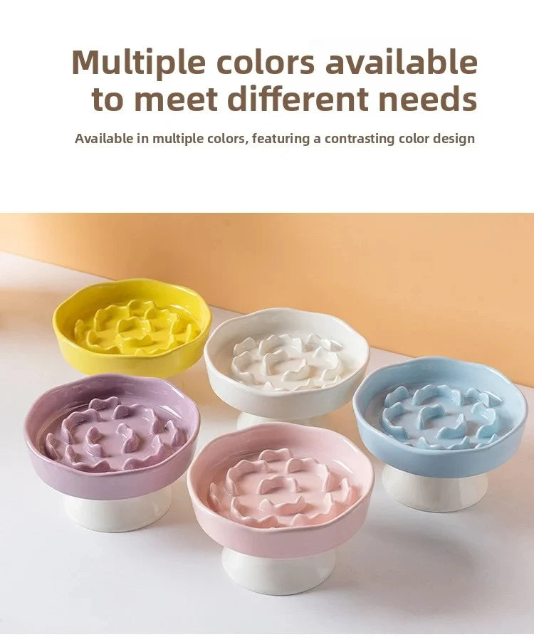 Ceramic Elevated Cat Bowl with Slow Feeder Design