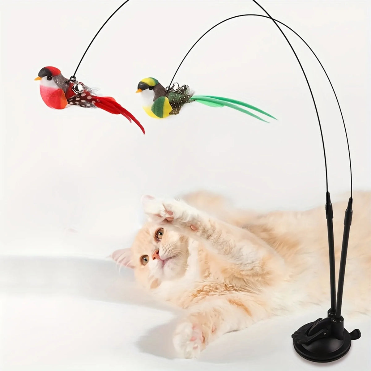 Un bâton de chat interactif avec une base aspirante est montré au-dessus d'un chat orange endormi.