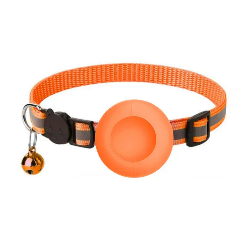 Orange breakaway cat collar with a reflective strip and an airtag holder