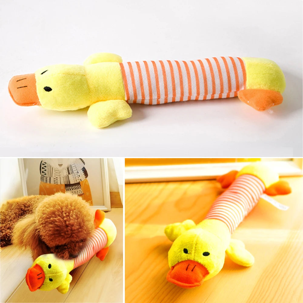 Cute fleece squeaky pet toys featuring elephant, duck, and pig designs for dogs and cats.