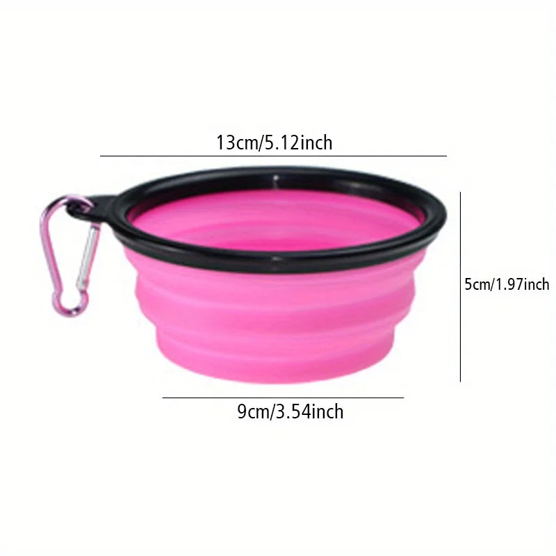 Helle pinke portable Silikon-Hundeschüssel zum Mitnehmen mit schwarzem Rand und Öse.