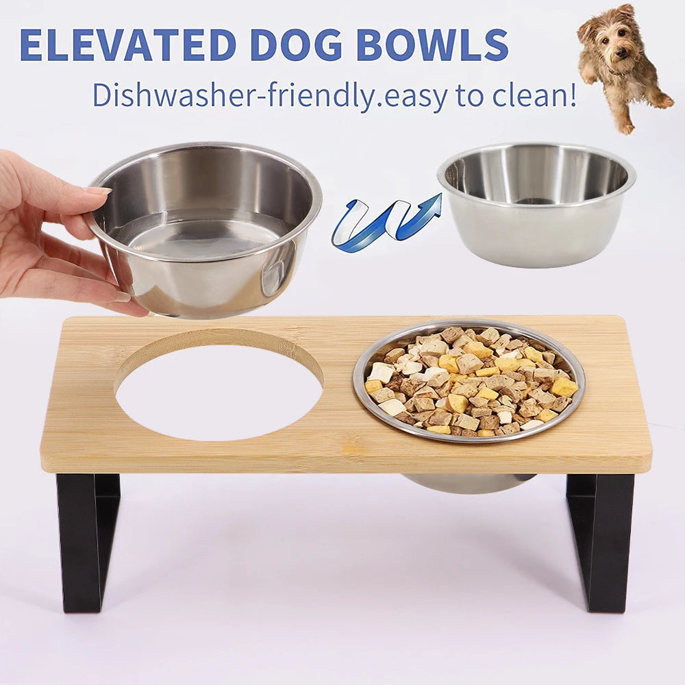 Elevated dog bowls with stainless steel feeding dishes displayed on a wooden stand.