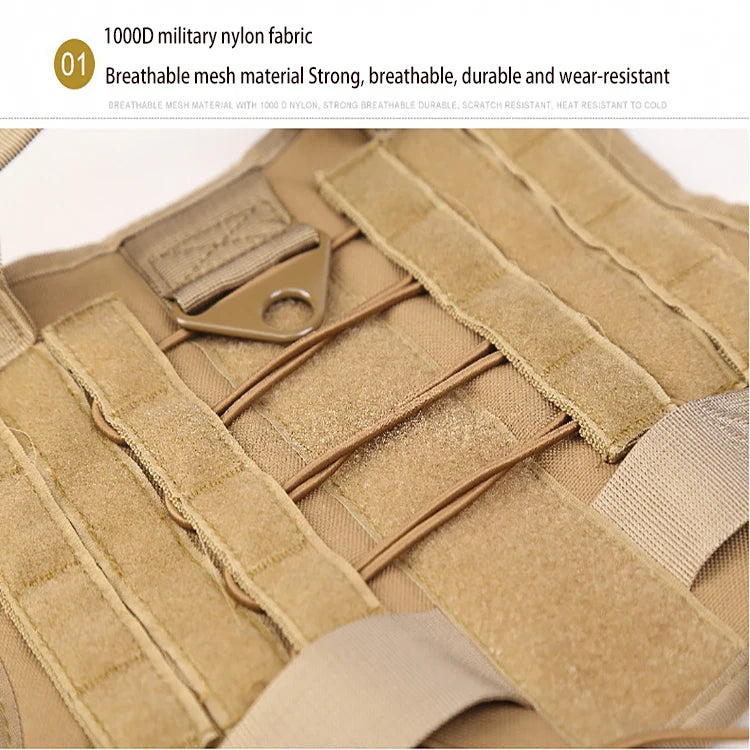 Close-up of a tan military nylon fabric tactical dog harness with adjustable vest straps.