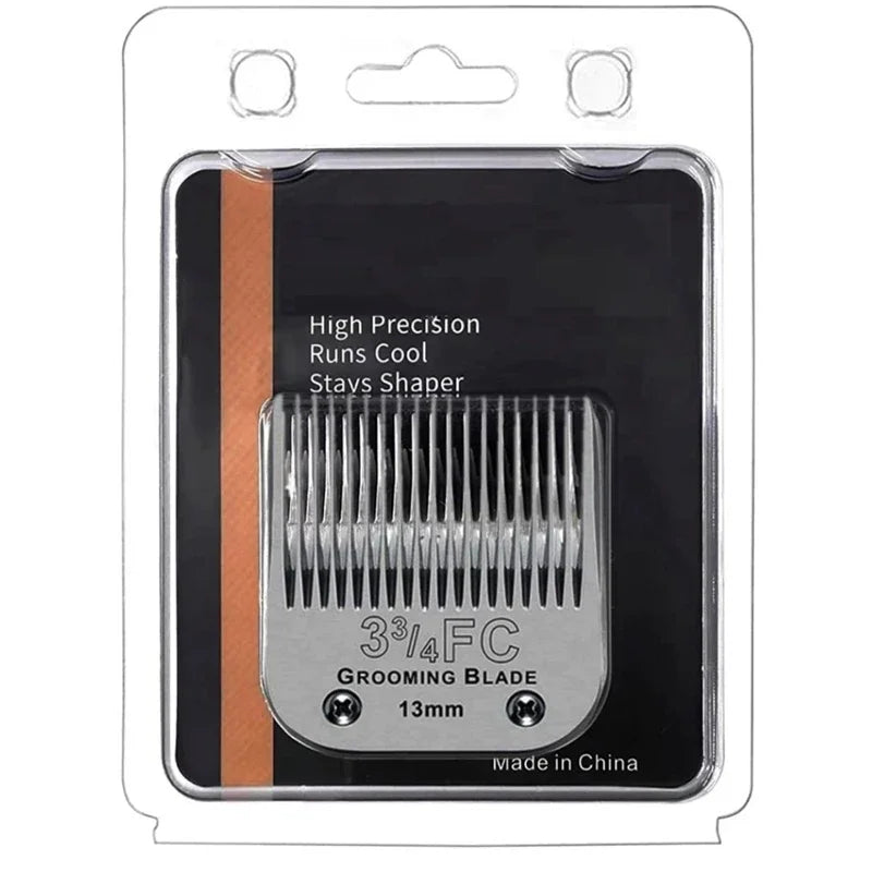 A black pet clipper blade with a silver grooming blade and 13mm size, packaged in clear plastic.