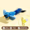A blue plush bird toy with a yellow tag and elastic rope, demonstrating built-in movement.