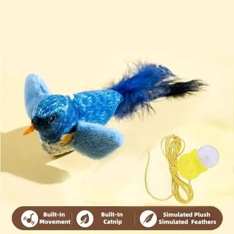 A blue plush bird toy with a yellow tag and elastic rope, demonstrating built-in movement.