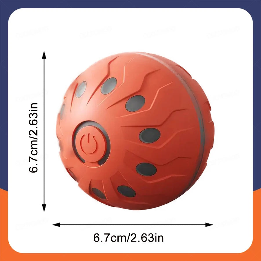 An orange, textured pet ball with black dots and a power button is shown against a white background.