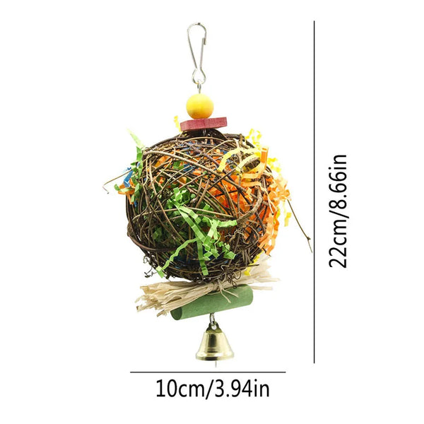 Natural rattan hanging chew toy for small parrots with a yellow ball and brass bell.