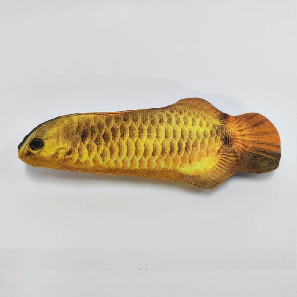 A golden yellow fish-shaped interactive cat plush toy.
