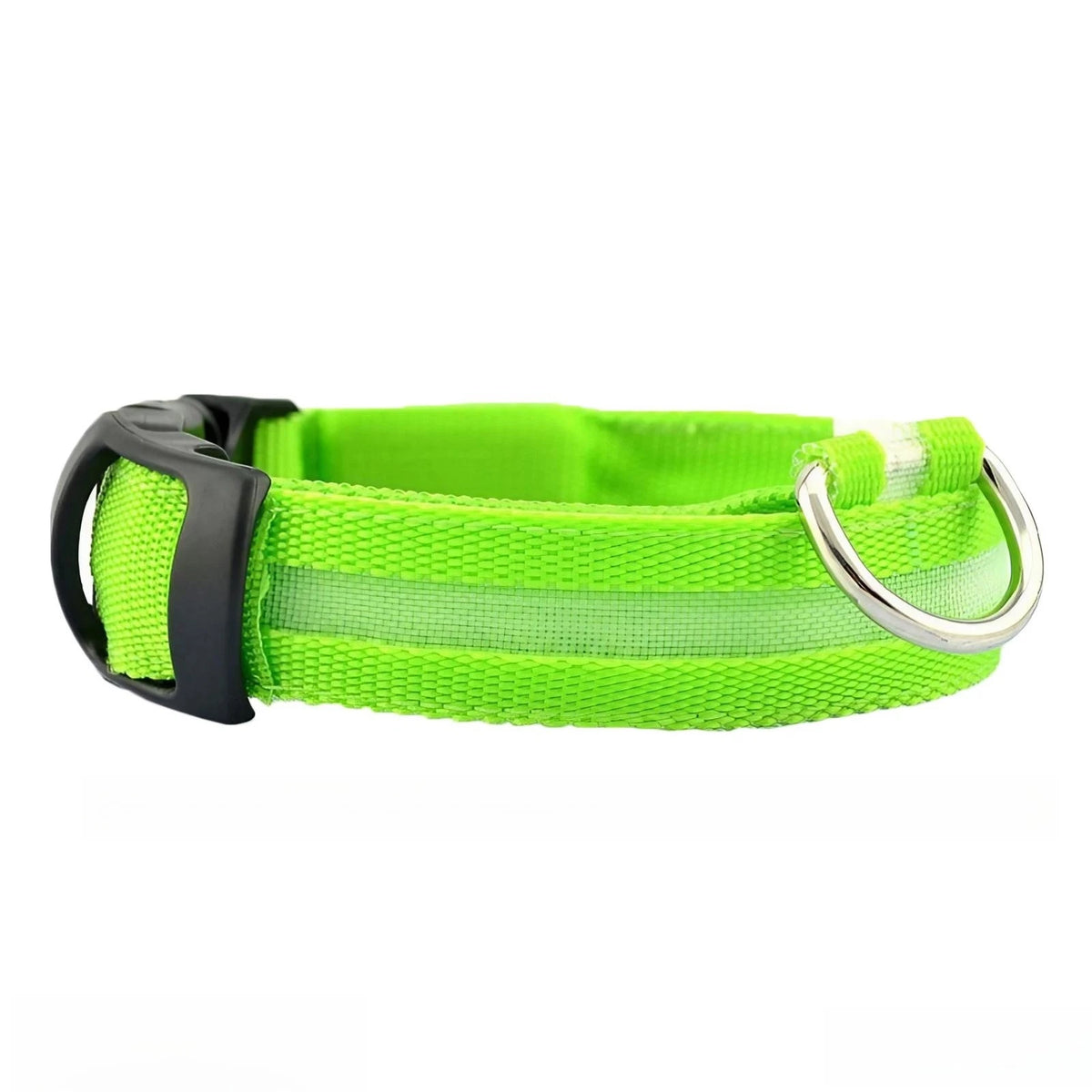 Neon green reflective LED dog collar with a black buckle and silver clasp.