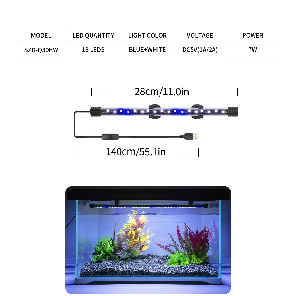 A long LED light bar illuminates a planted aquarium setup with colorful aquatic plants.